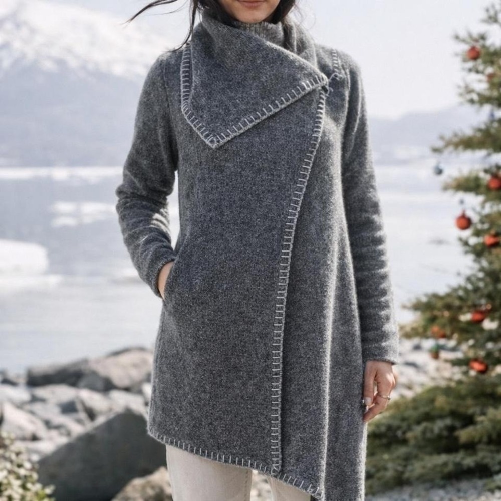Garnet Hill Wool Wrap Coat 2P Petite Gray‎ Boiled Wool Asymmetrical
